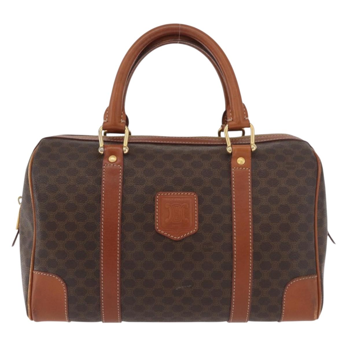 CELINE Macadam Canvas Boston Bag PVC Leather Brown Gold Auth BA13030