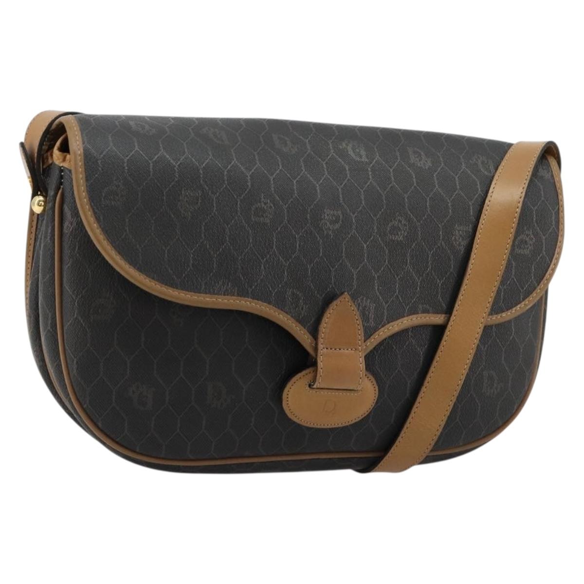 Christian Dior Honeycomb Canvas Shoulder Bag PVC Black Gold Auth BA13036