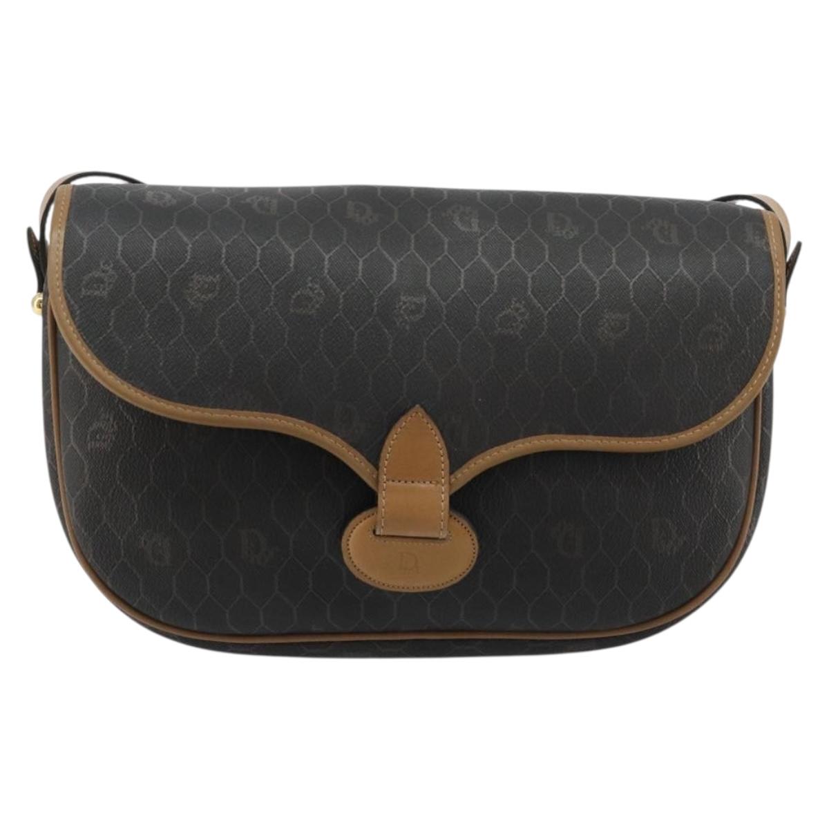 Christian Dior Honeycomb Canvas Shoulder Bag PVC Black Gold Auth BA13036
