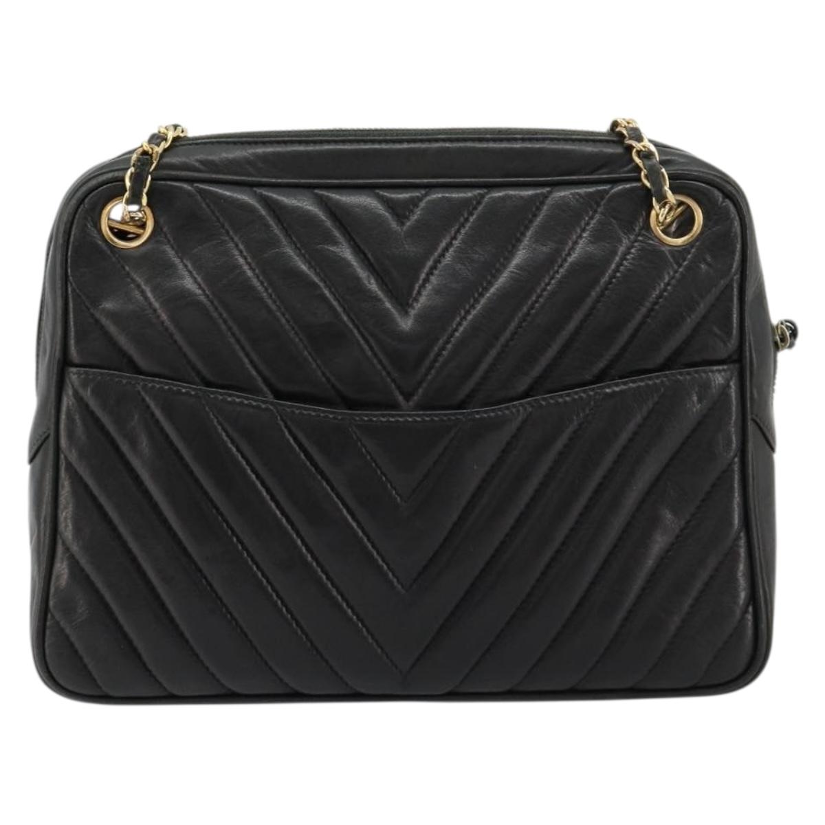CHANEL V Stitch Chain Shoulder Bag Lamb Skin Black Gold CC Auth BA13037