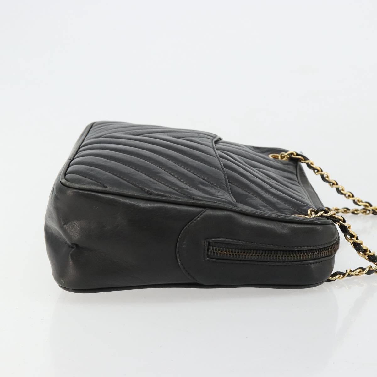 CHANEL V Stitch Chain Shoulder Bag Lamb Skin Black Gold CC Auth BA13037