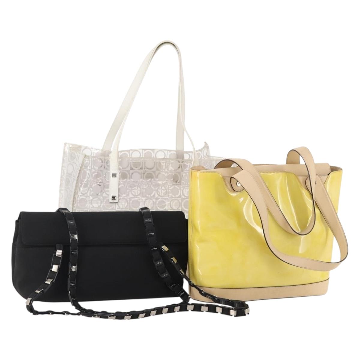 Salvatore Ferragamo Bag Nylon Leather Vinyl 3 Set Yellow Clear Auth BA13061
