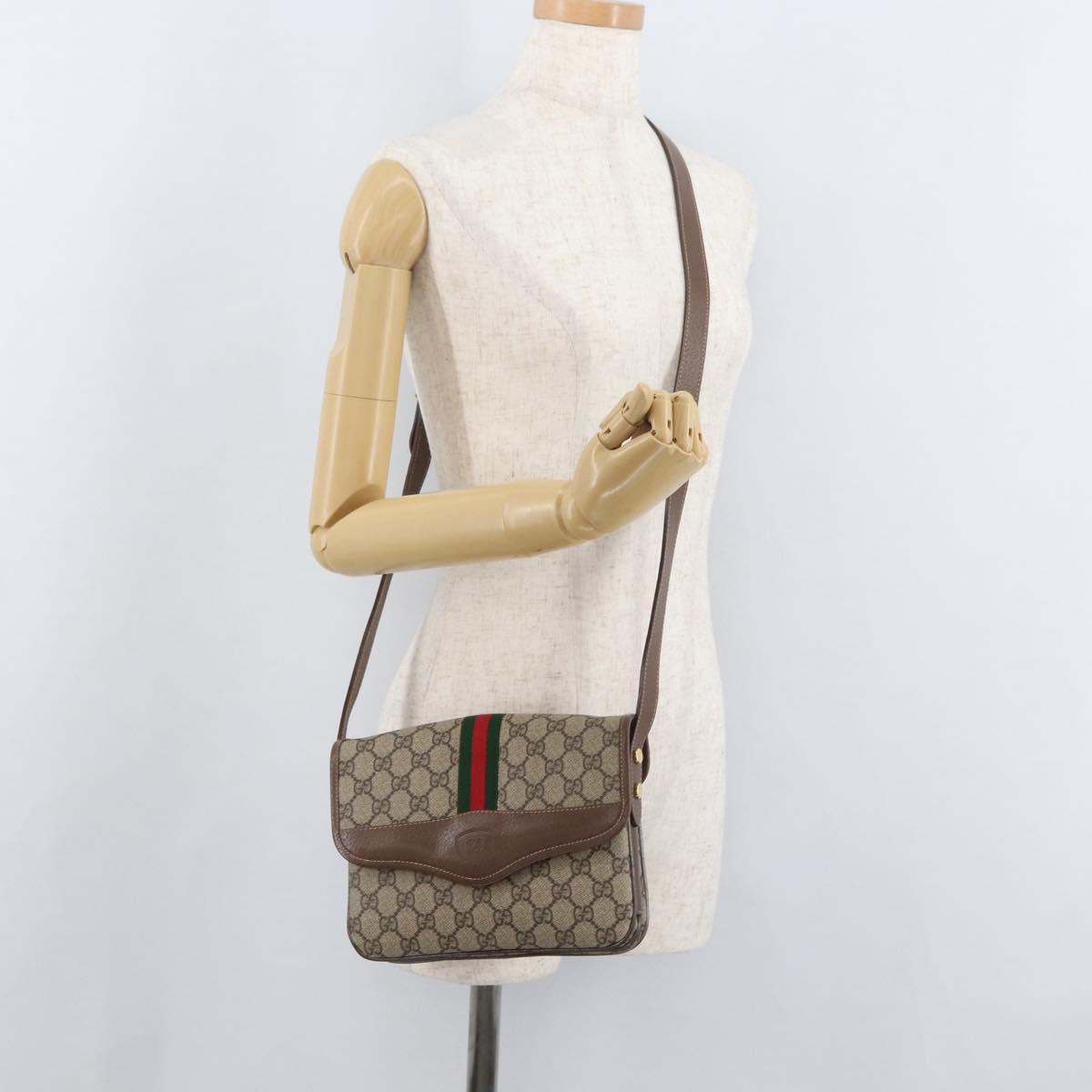 GUCCI GG Supreme Web Sherry Line Shoulder Bag PVC Beige Gold Auth BA13090