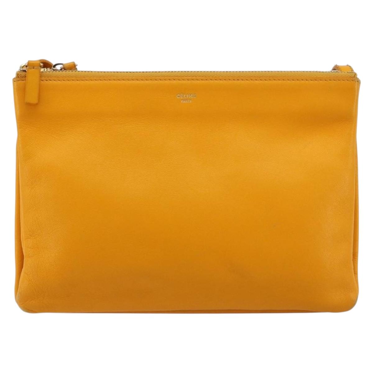 CELINE Trio Shoulder Bag Leather Yellow Gold Auth BA13091