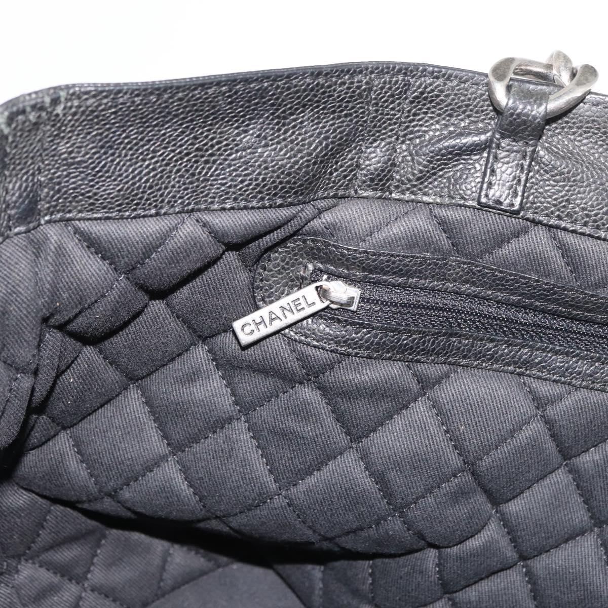 CHANEL Chain Tote Bag Caviar Skin Black Silver CC Auth BA13098