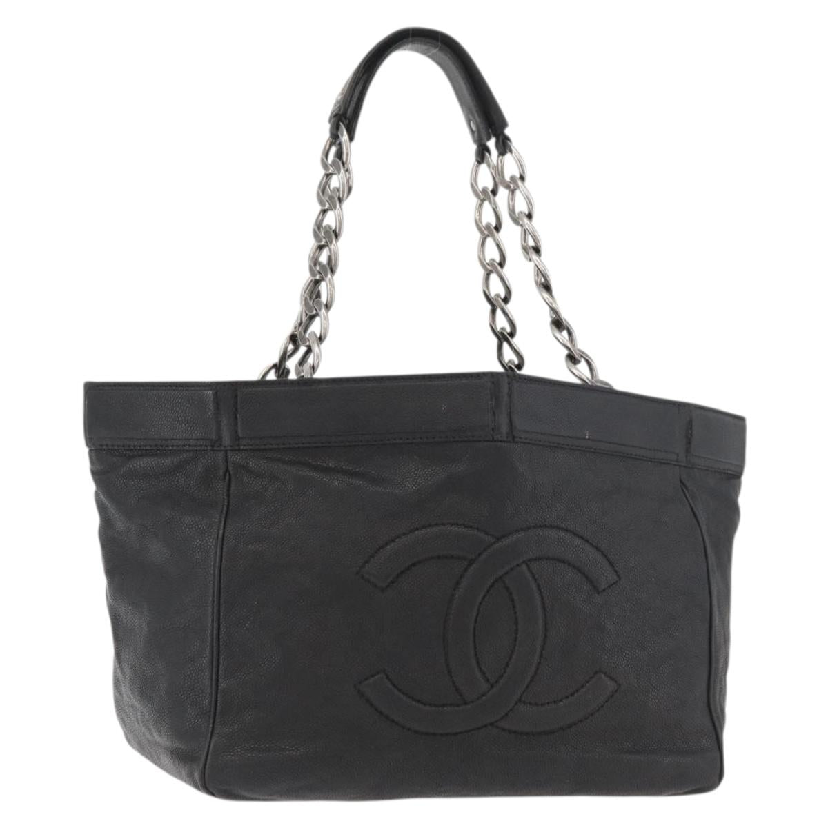 CHANEL Chain Tote Bag Caviar Skin Black Silver CC Auth BA13098