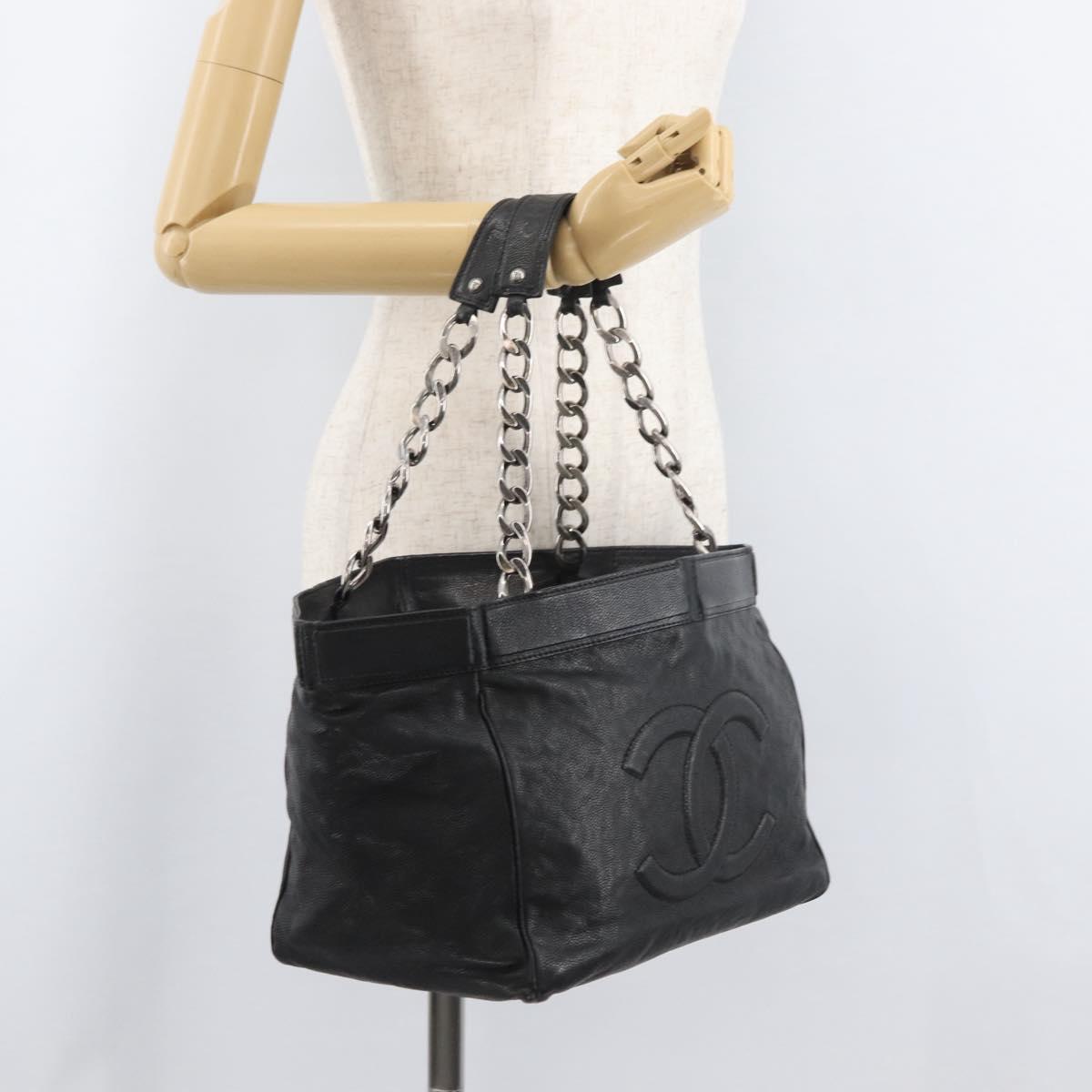 CHANEL Chain Tote Bag Caviar Skin Black Silver CC Auth BA13098