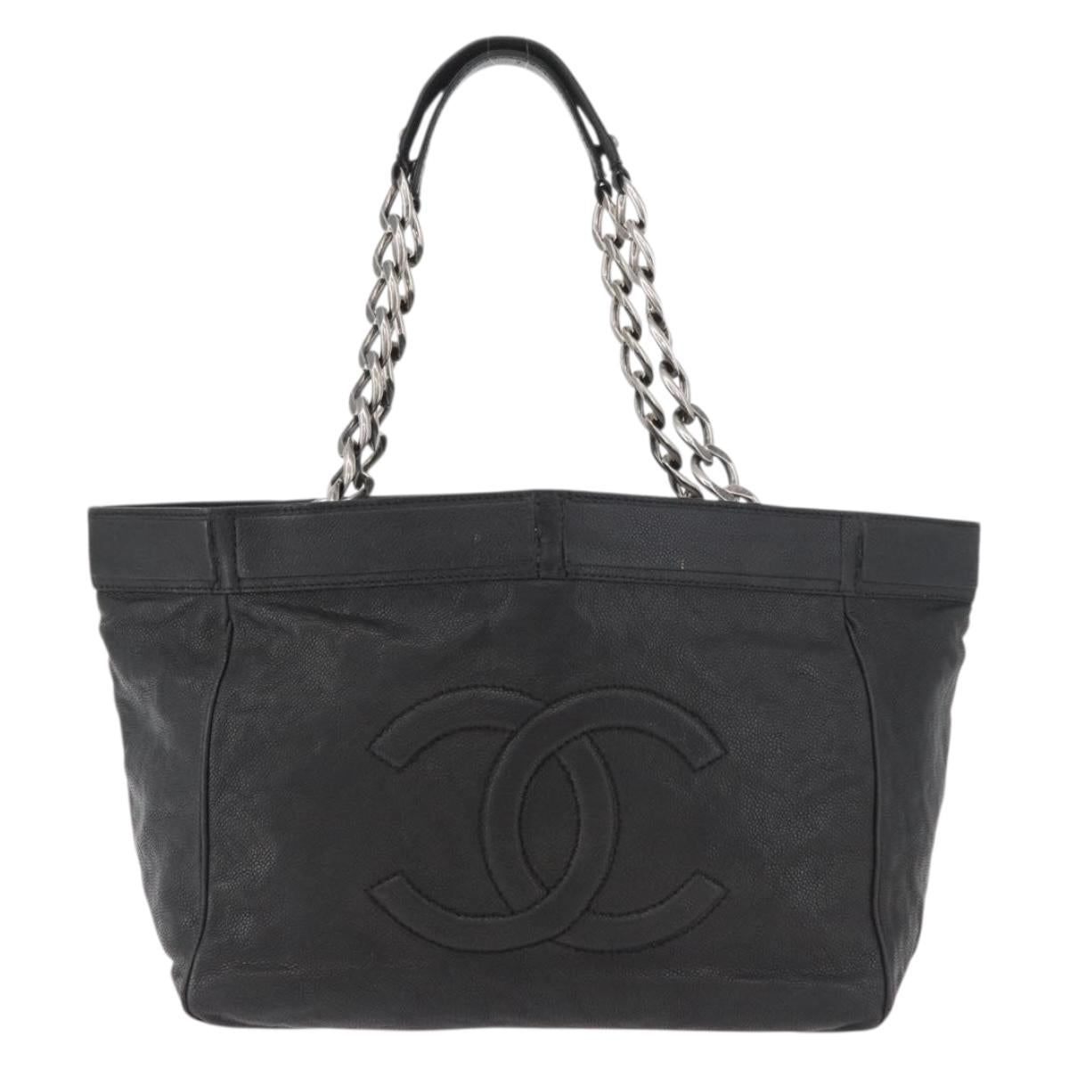 CHANEL Chain Tote Bag Caviar Skin Black Silver CC Auth BA13098