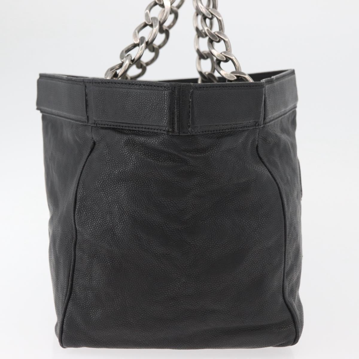 CHANEL Chain Tote Bag Caviar Skin Black Silver CC Auth BA13098