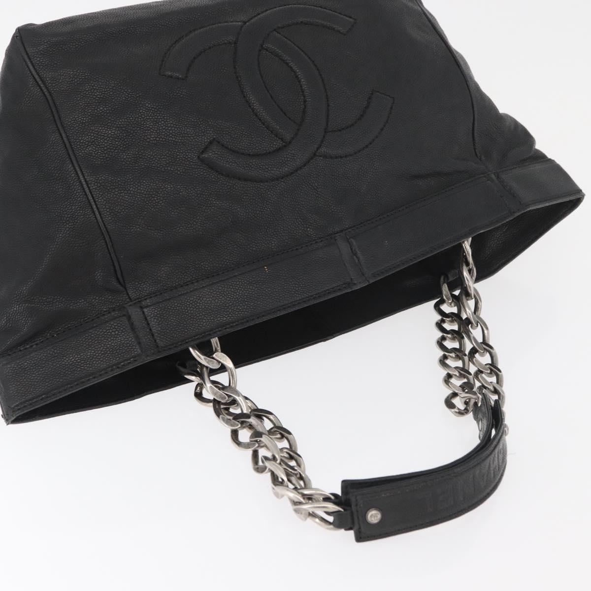 CHANEL Chain Tote Bag Caviar Skin Black Silver CC Auth BA13098