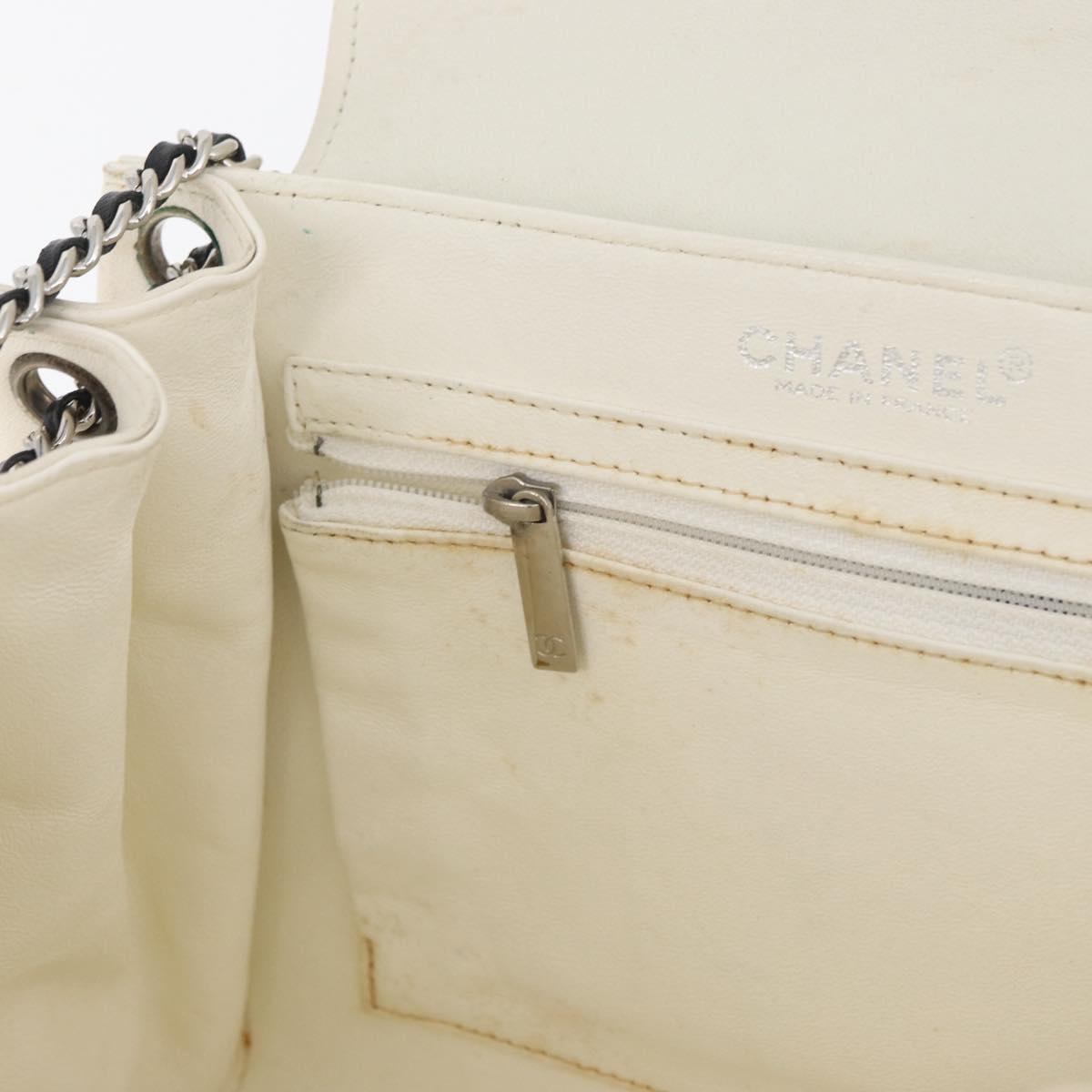 CHANEL Choco Bar Chain Shoulder Bag Leather White Silver black CC Auth BA13099A