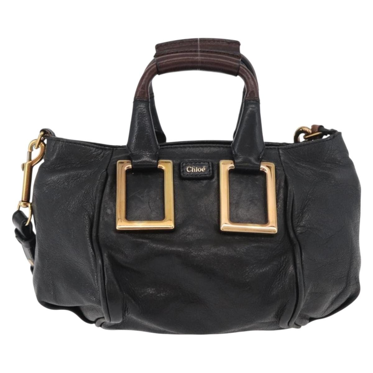 Chloe Etel Hand Bag Leather 2way Black Gold Auth BA13103