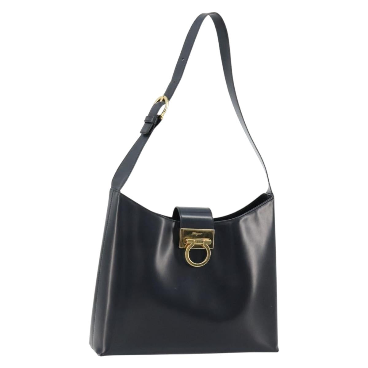 Salvatore Ferragamo Gancini Shoulder Bag Leather Navy Gold Auth BA13105