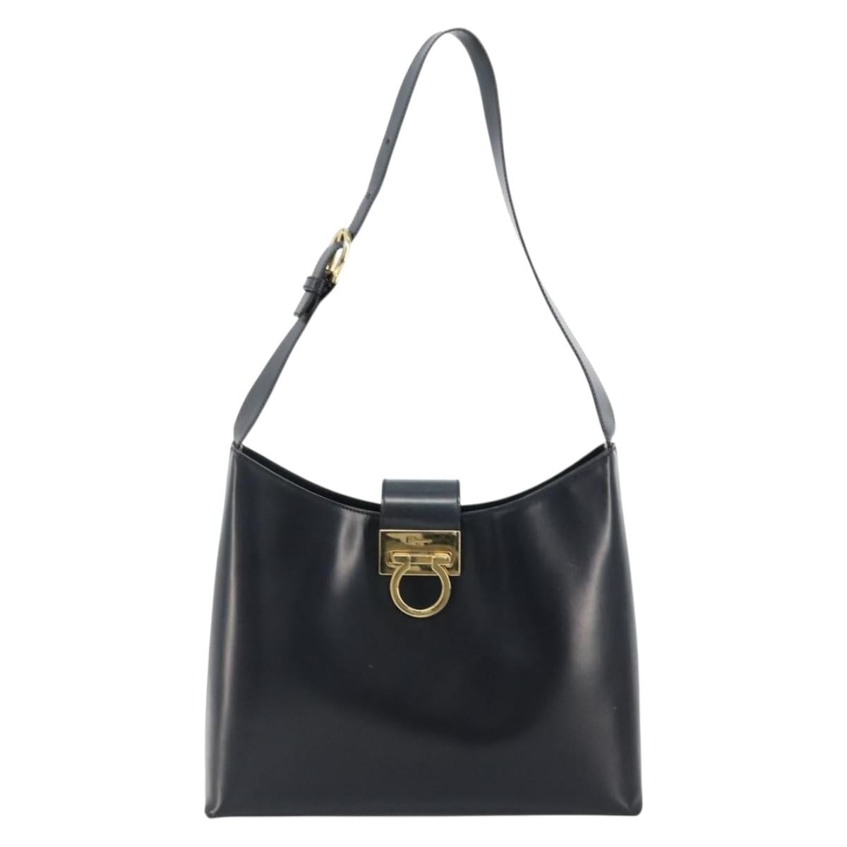 Salvatore Ferragamo Gancini Shoulder Bag Leather Navy Gold Auth BA13105