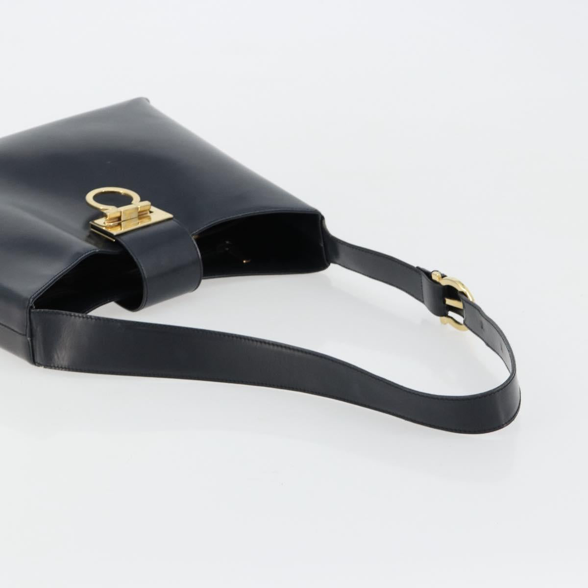 Salvatore Ferragamo Gancini Shoulder Bag Leather Navy Gold Auth BA13105