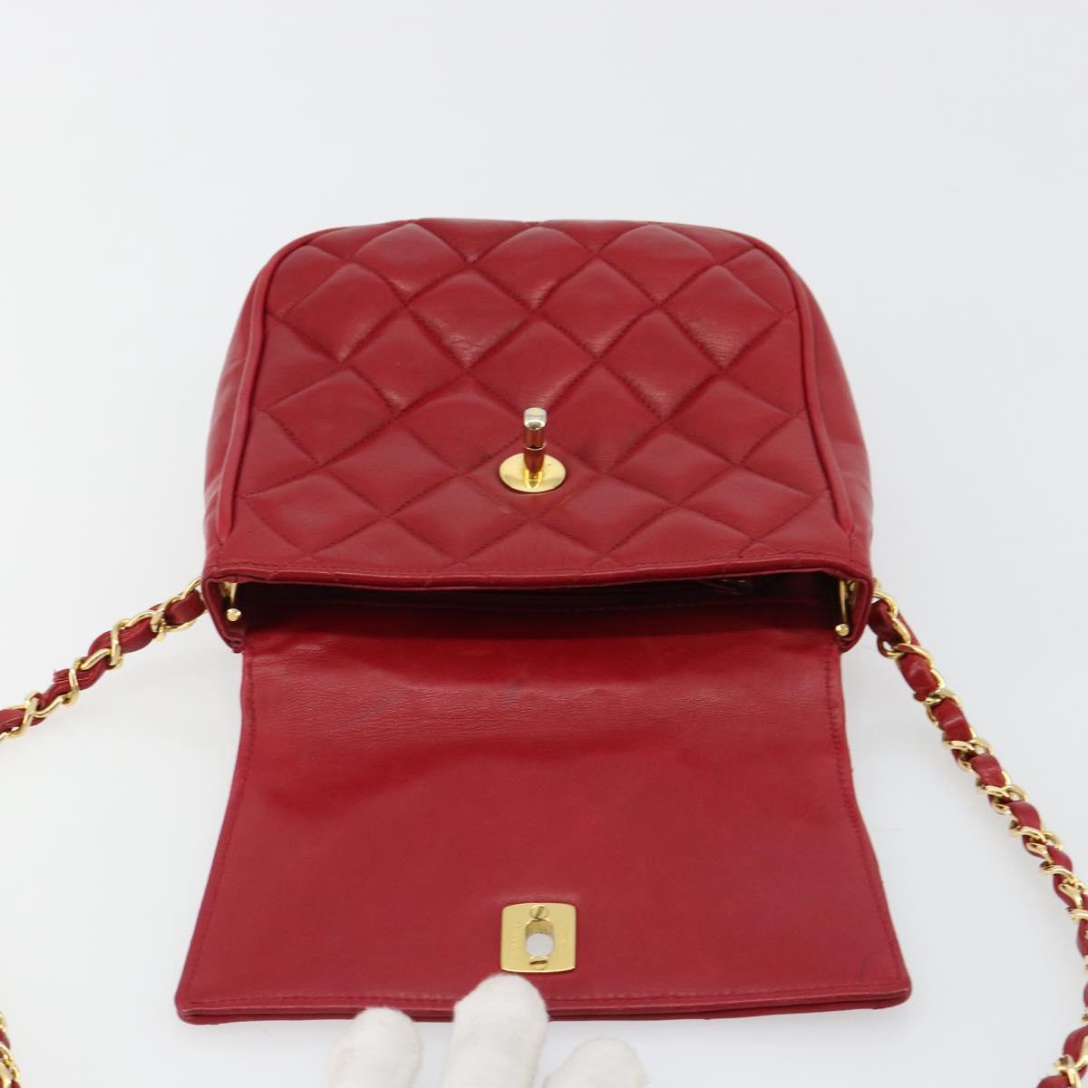 CHANEL Matelasse Chain Shoulder Bag Lamb Skin Red Gold CC Auth BA13106