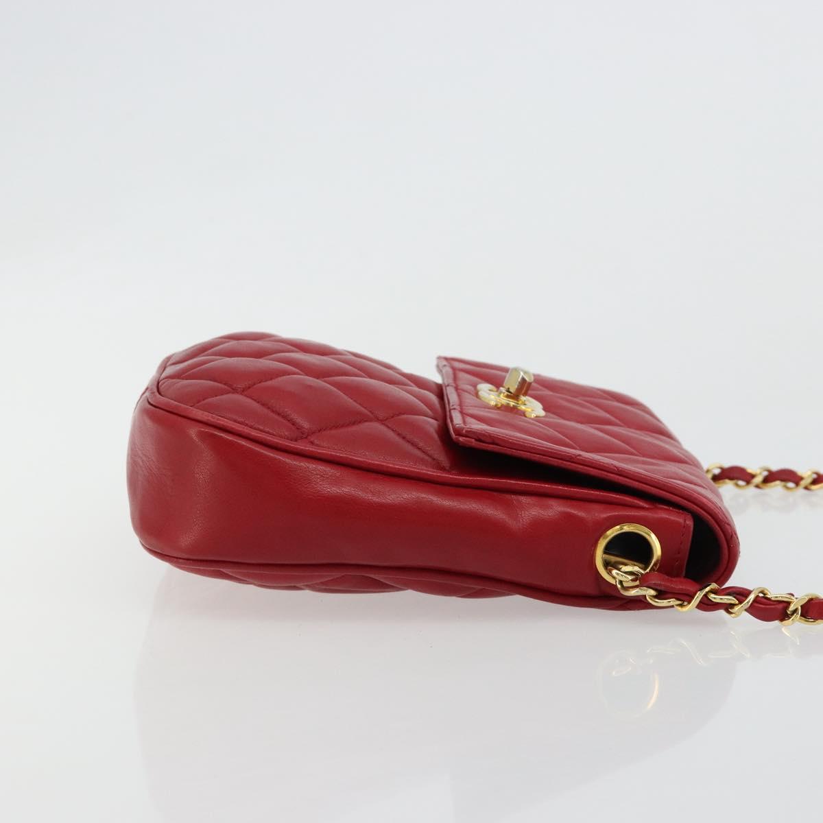 CHANEL Matelasse Chain Shoulder Bag Lamb Skin Red Gold CC Auth BA13106