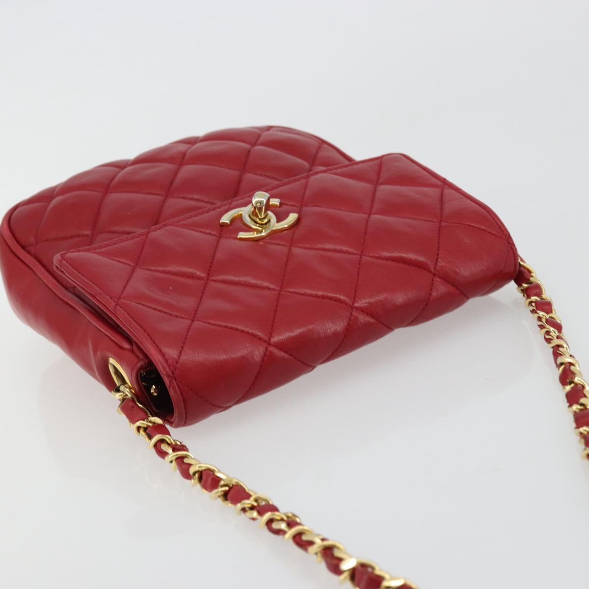 CHANEL Matelasse Chain Shoulder Bag Lamb Skin Red Gold CC Auth BA13106