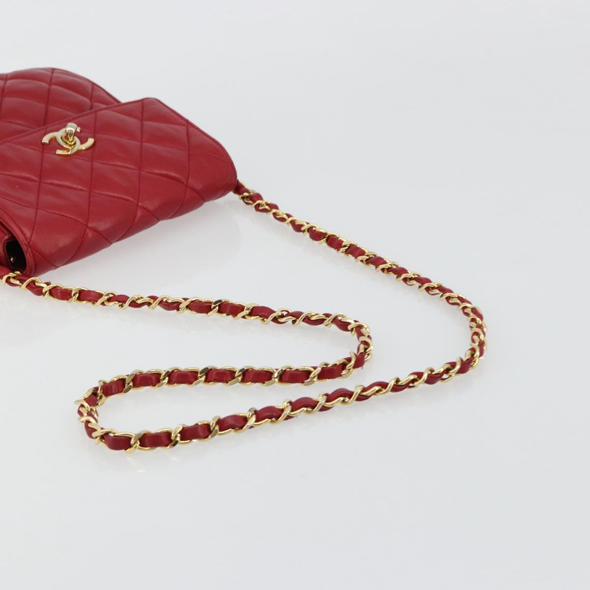 CHANEL Matelasse Chain Shoulder Bag Lamb Skin Red Gold CC Auth BA13106