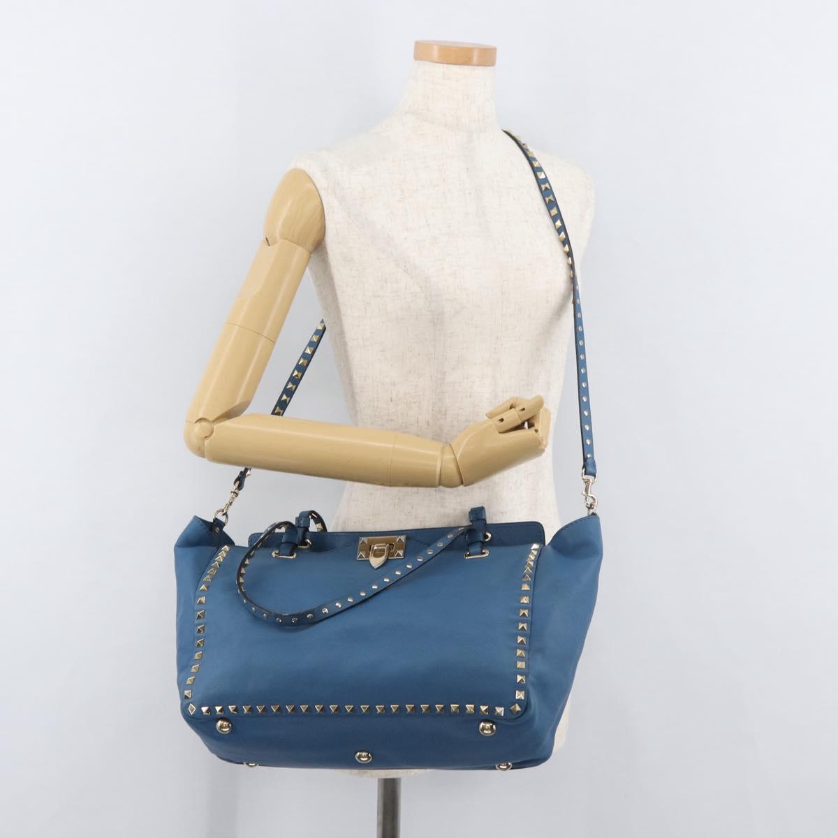 VALENTINO Rock Studs Tote Bag Leather 2way Blue Gold Auth BA13124