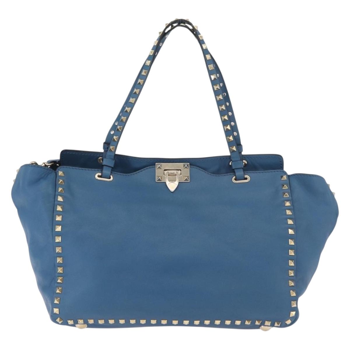 VALENTINO Rock Studs Tote Bag Leather 2way Blue Gold Auth BA13124