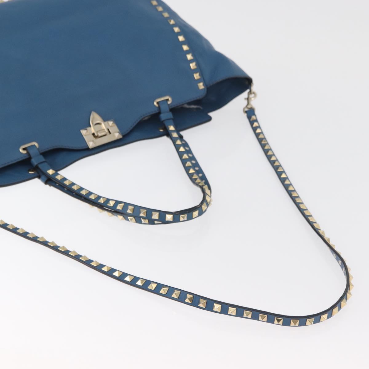 VALENTINO Rock Studs Tote Bag Leather 2way Blue Gold Auth BA13124