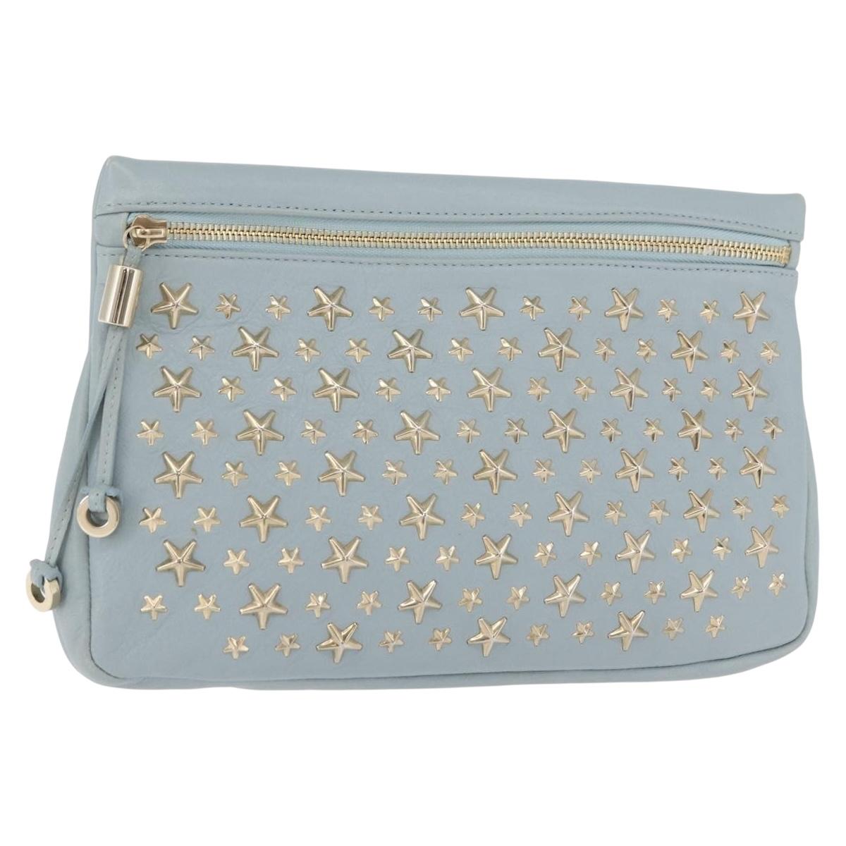 Jimmy Choo Clutch Bag Leather Light Blue Gold Auth BA13172
