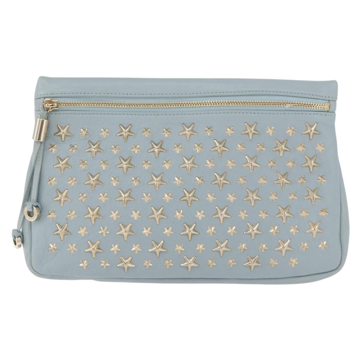 Jimmy Choo Clutch Bag Leather Light Blue Gold Auth BA13172