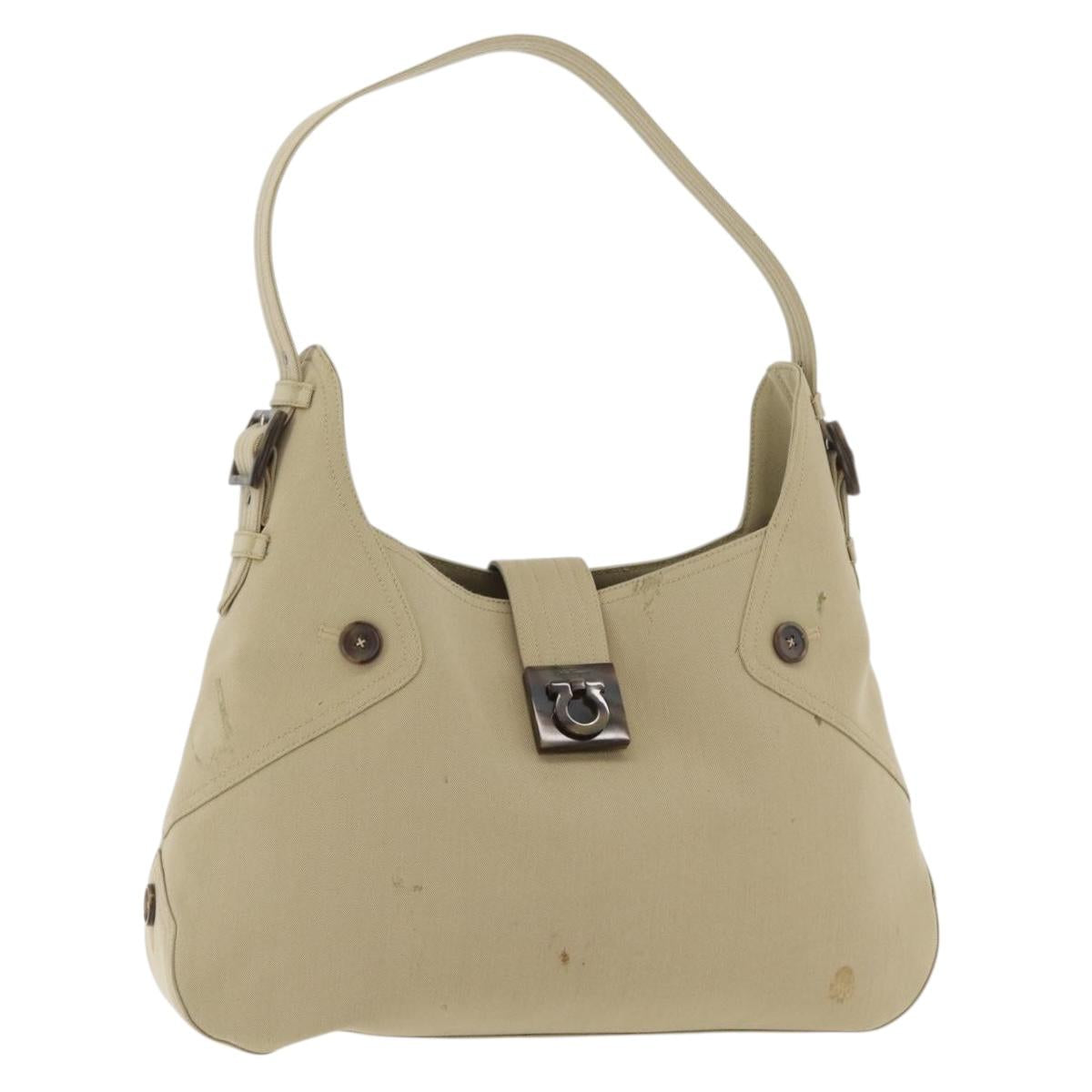 Salvatore Ferragamo Gancini Shoulder Bag Canvas Beige Silver Auth BA13175