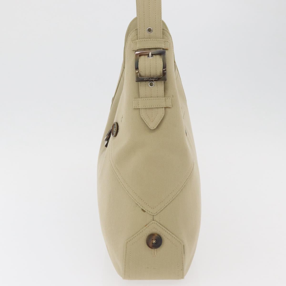 Salvatore Ferragamo Gancini Shoulder Bag Canvas Beige Silver Auth BA13175