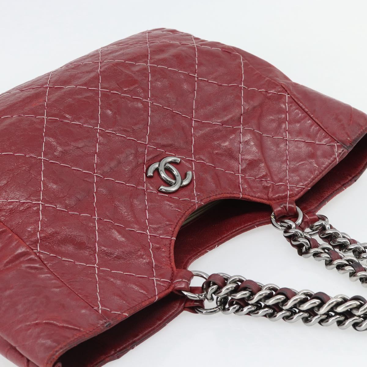 CHANEL Wild Stitch Chain Tote Bag Leather Red Silver CC Auth BA13176