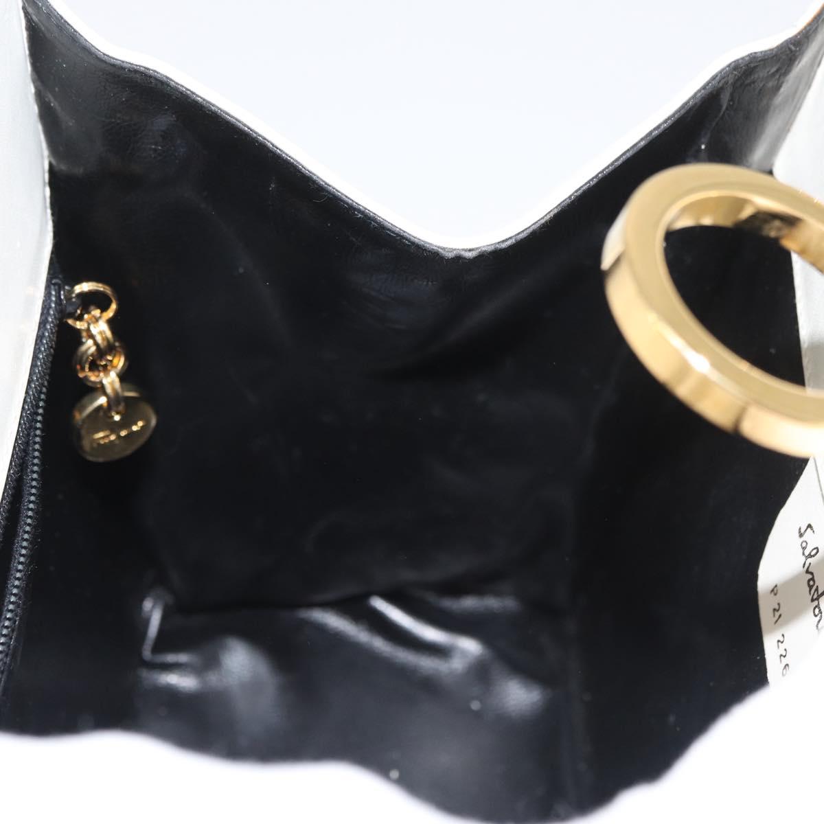 Salvatore Ferragamo Gancini Chain Shoulder Bag Leather White Gold Auth BA13182