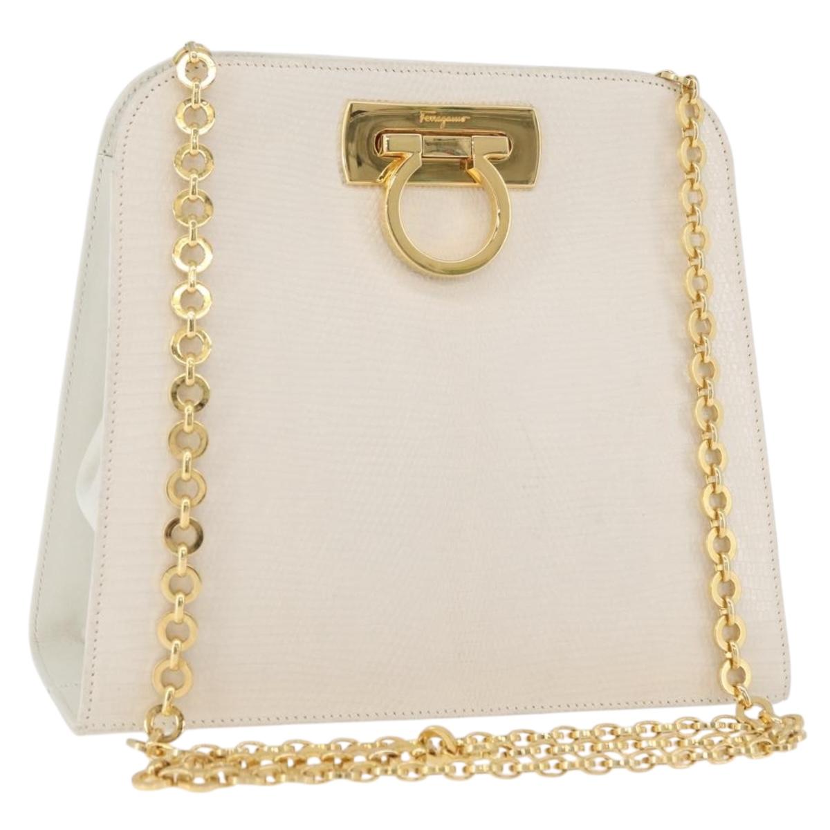 Salvatore Ferragamo Gancini Chain Shoulder Bag Leather White Gold Auth BA13182