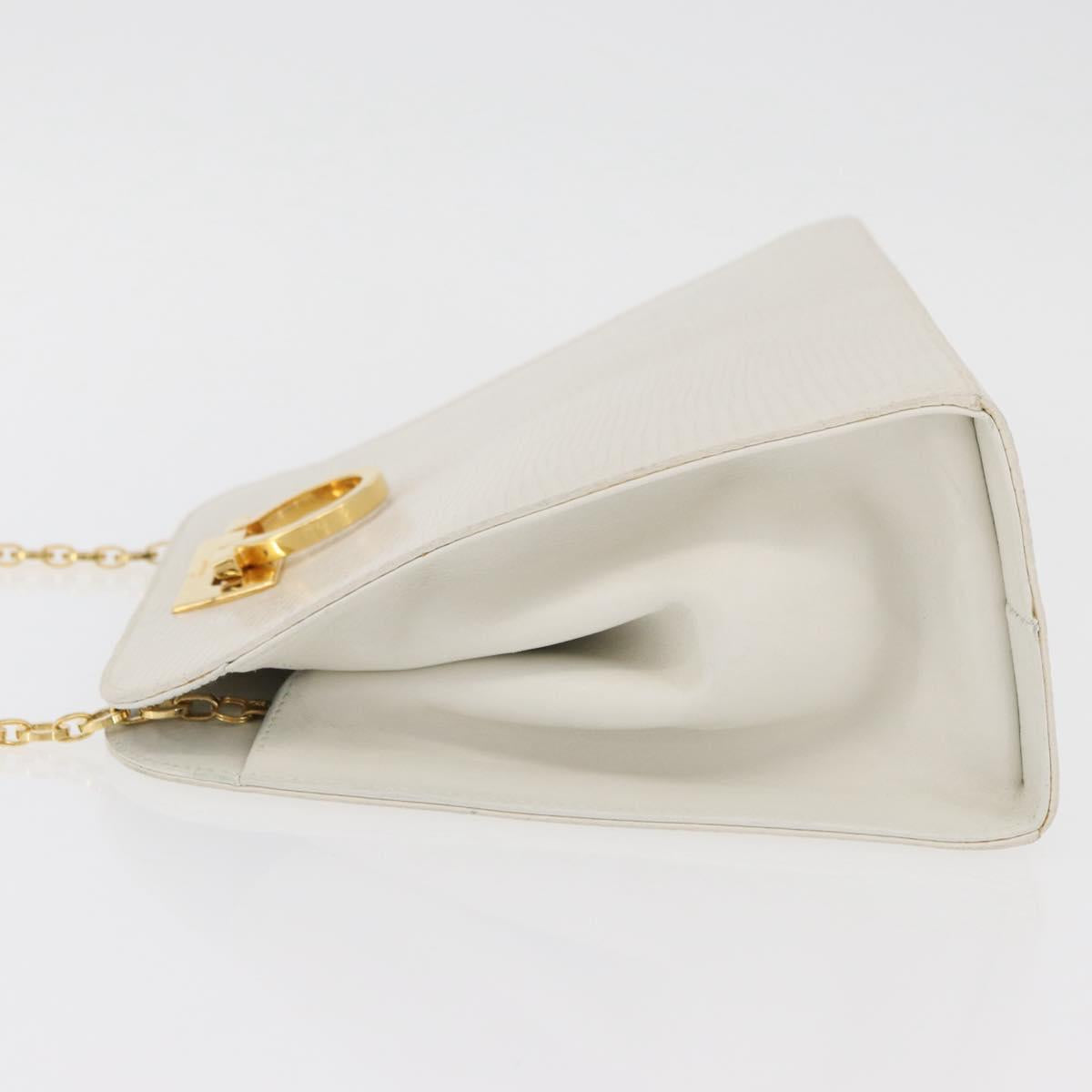 Salvatore Ferragamo Gancini Chain Shoulder Bag Leather White Gold Auth BA13182