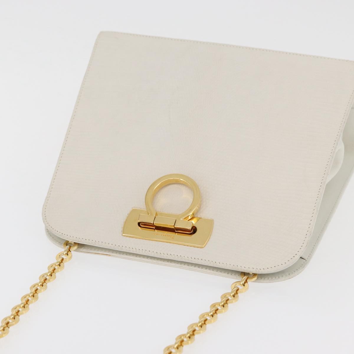Salvatore Ferragamo Gancini Chain Shoulder Bag Leather White Gold Auth BA13182