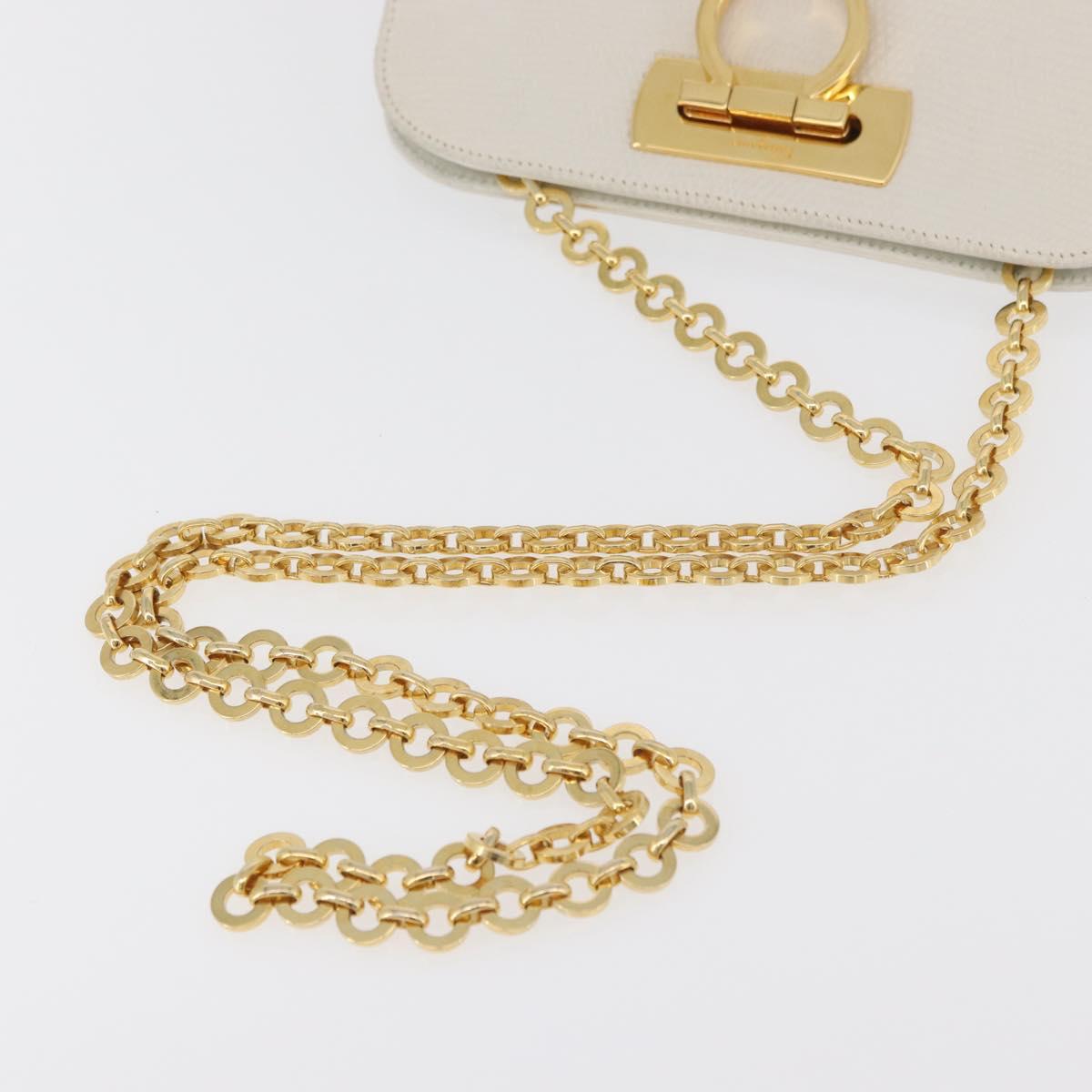 Salvatore Ferragamo Gancini Chain Shoulder Bag Leather White Gold Auth BA13182