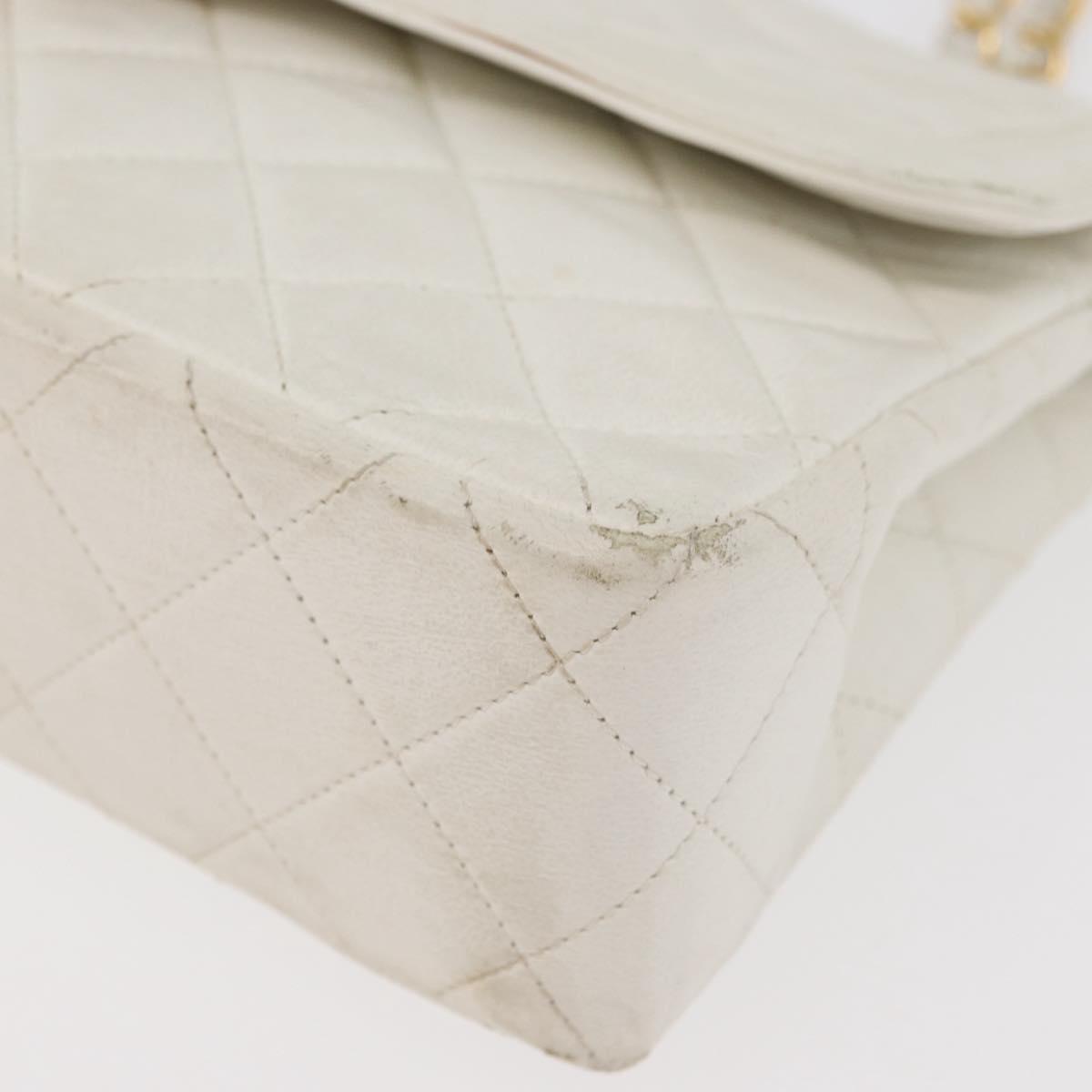 CHANEL Matelasse Double Flap Chain Bag Lamb Skin White Gold CC Auth BA13185