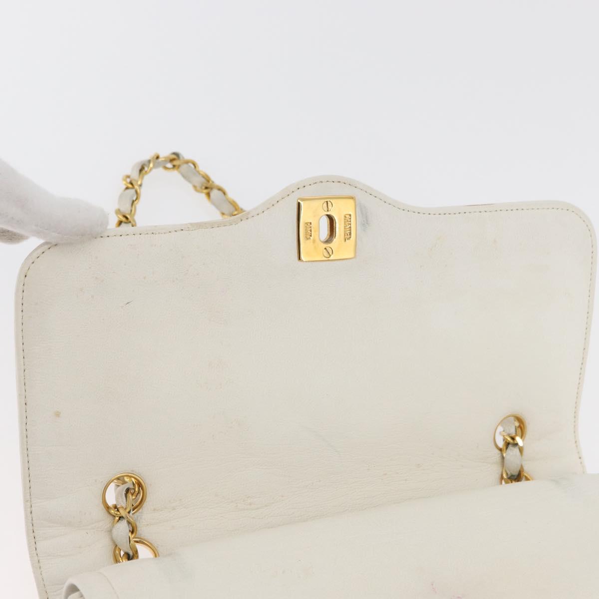 CHANEL Matelasse Double Flap Chain Bag Lamb Skin White Gold CC Auth BA13185