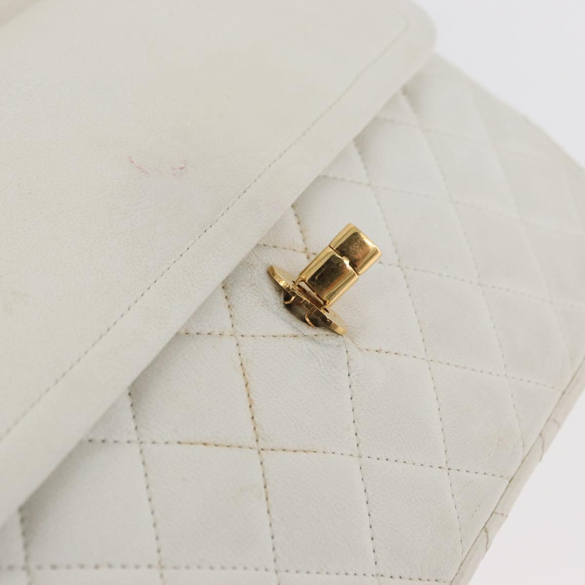 CHANEL Matelasse Double Flap Chain Bag Lamb Skin White Gold CC Auth BA13185