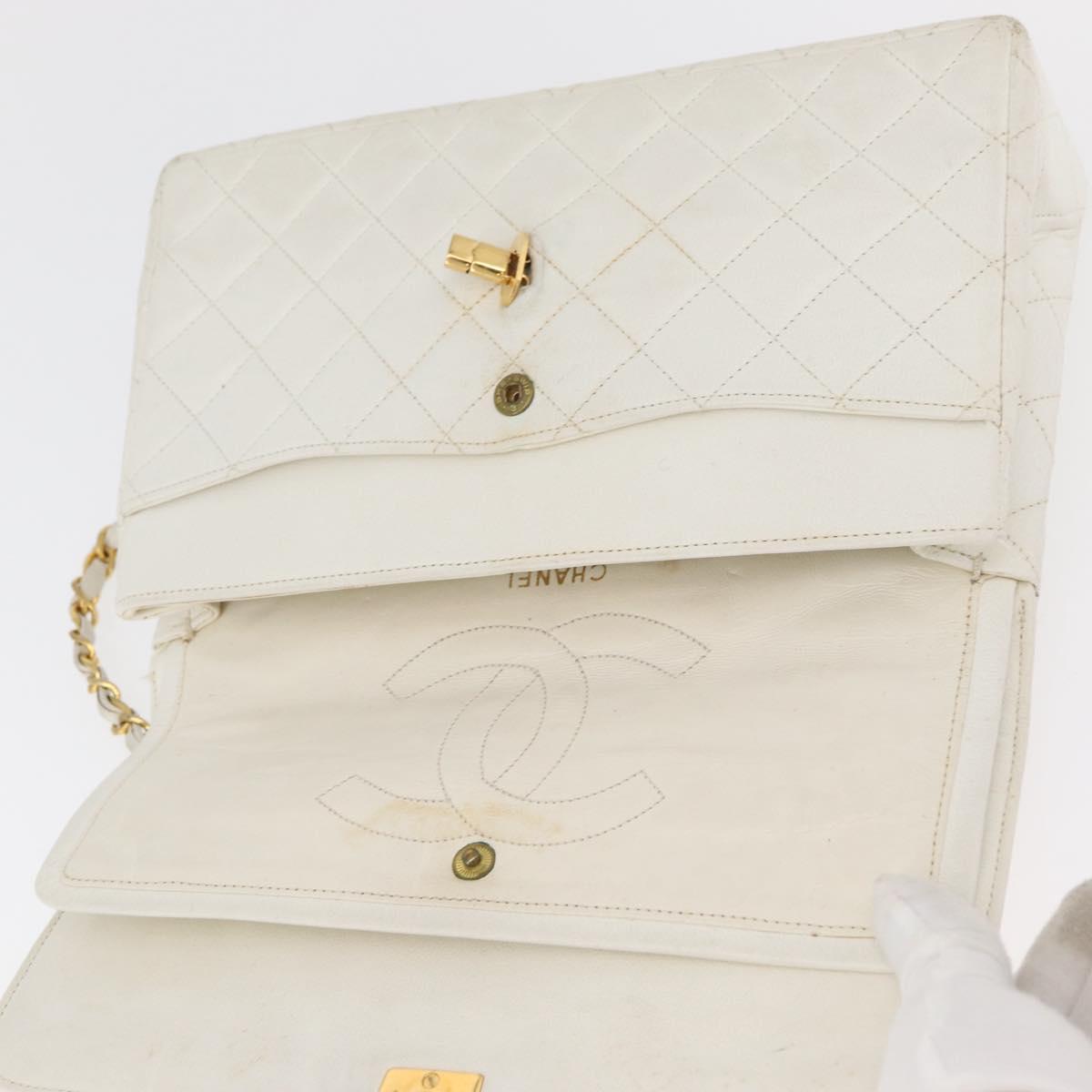 CHANEL Matelasse Double Flap Chain Bag Lamb Skin White Gold CC Auth BA13185