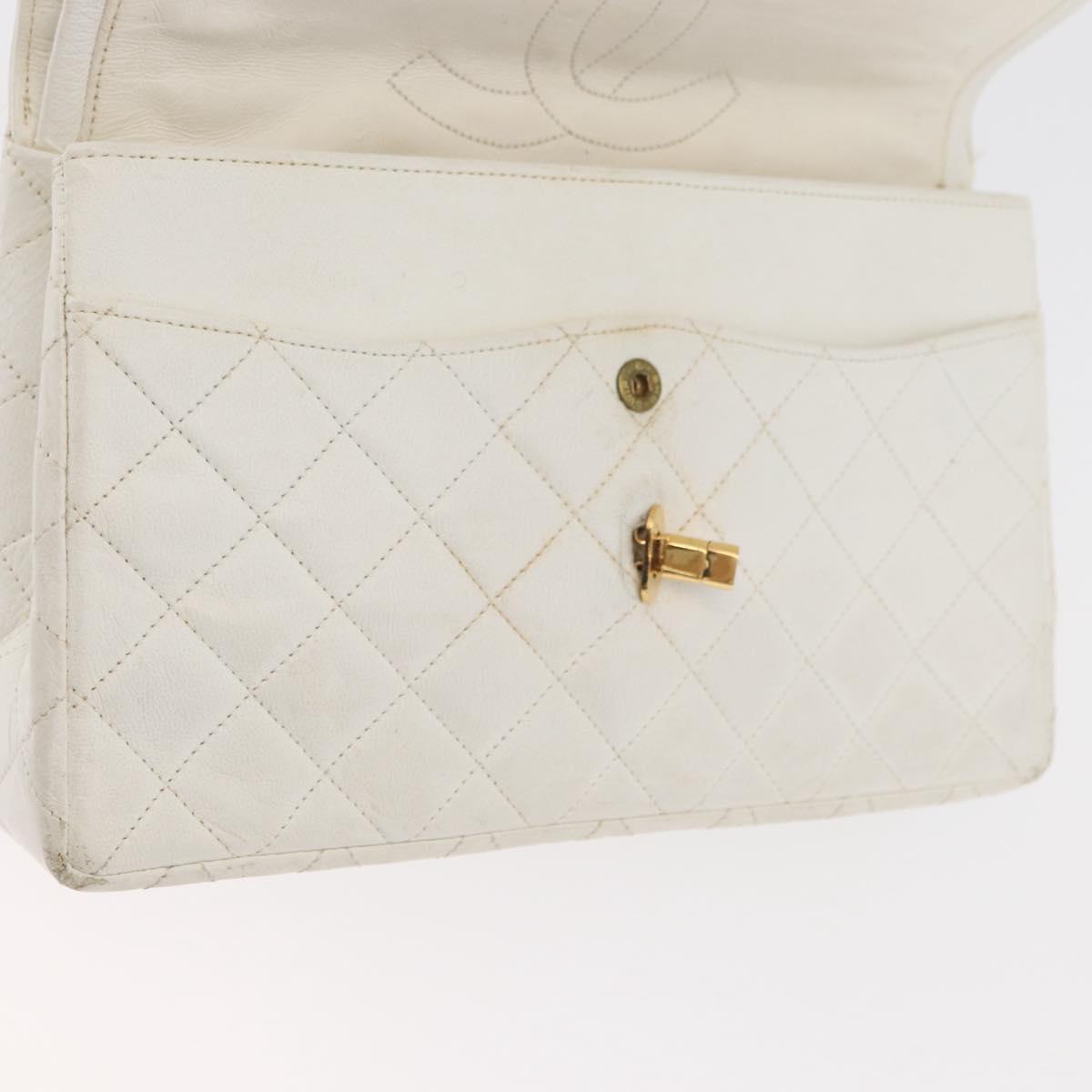 CHANEL Matelasse Double Flap Chain Bag Lamb Skin White Gold CC Auth BA13185