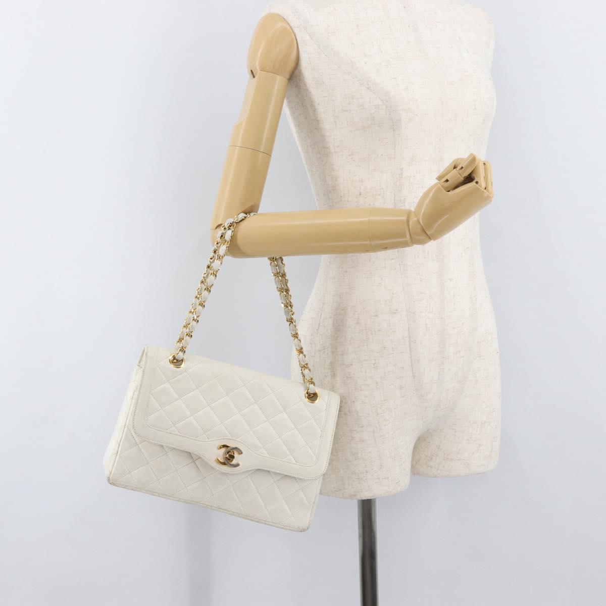 CHANEL Matelasse Double Flap Chain Bag Lamb Skin White Gold CC Auth BA13185