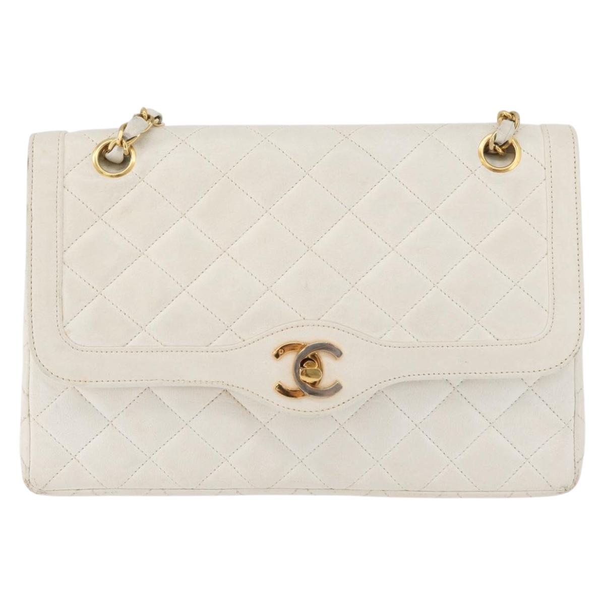 CHANEL Matelasse Double Flap Chain Bag Lamb Skin White Gold CC Auth BA13185