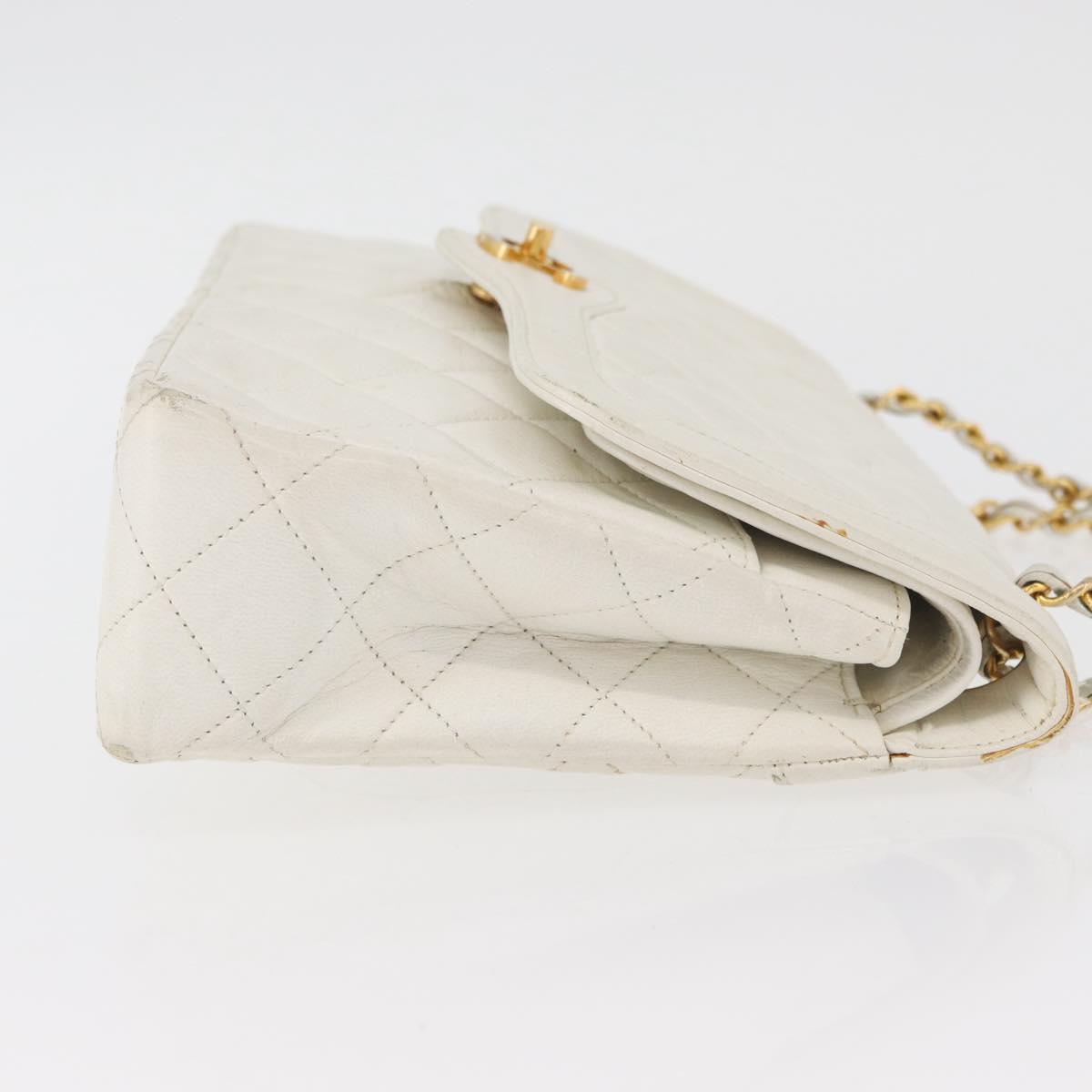 CHANEL Matelasse Double Flap Chain Bag Lamb Skin White Gold CC Auth BA13185