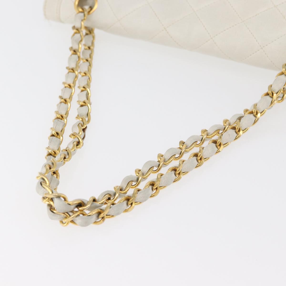 CHANEL Matelasse Double Flap Chain Bag Lamb Skin White Gold CC Auth BA13185