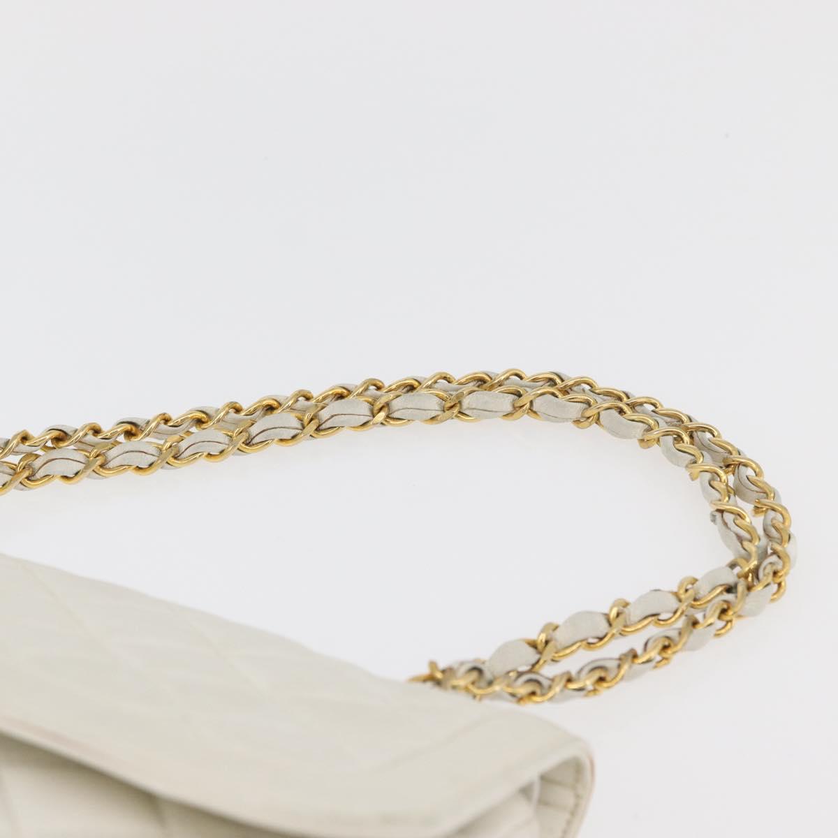 CHANEL Matelasse Double Flap Chain Bag Lamb Skin White Gold CC Auth BA13185