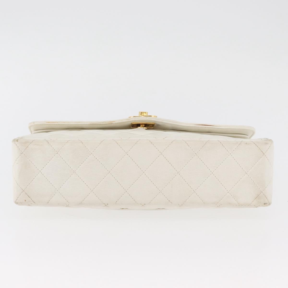 CHANEL Matelasse Double Flap Chain Bag Lamb Skin White Gold CC Auth BA13185