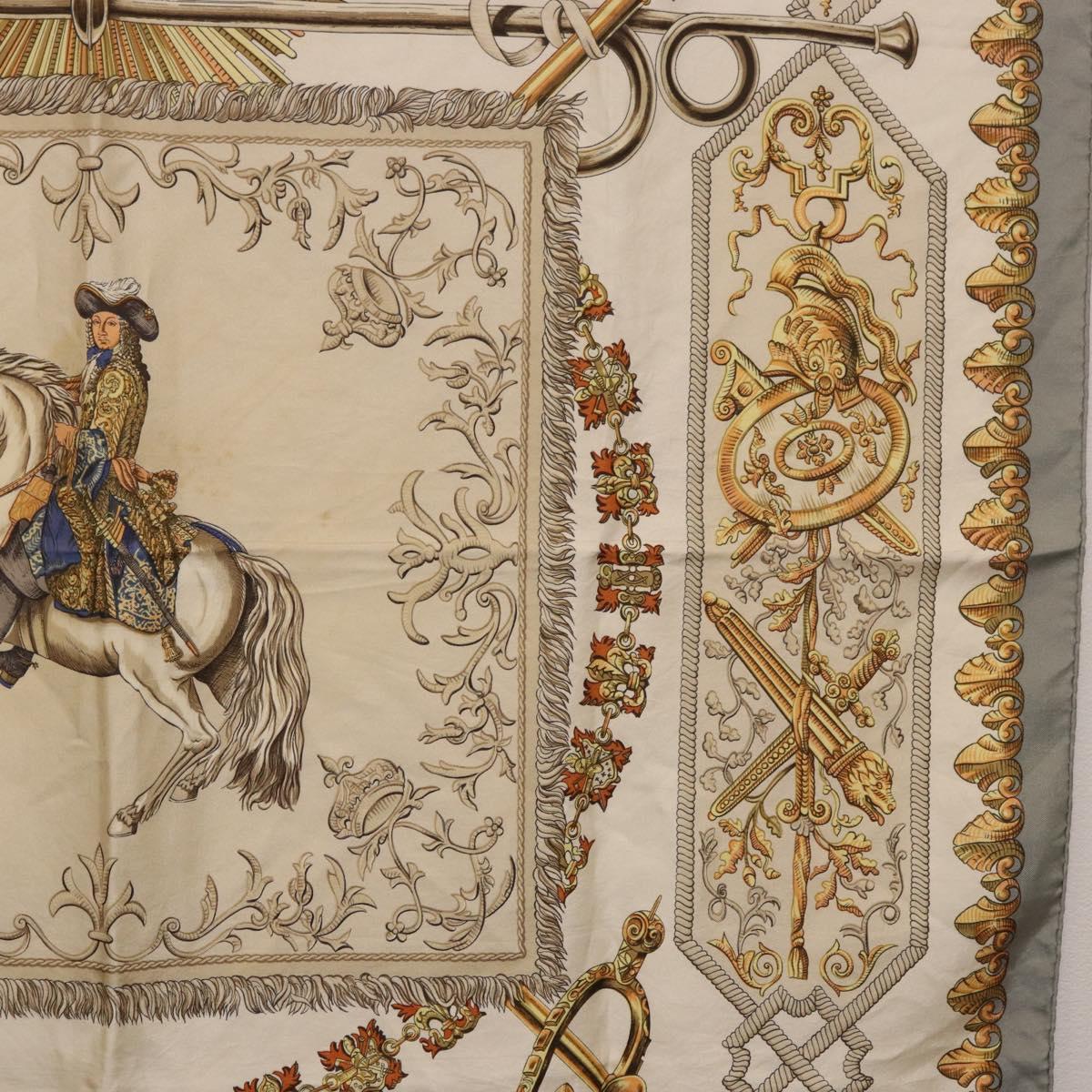 HERMES Carre 90 Scarf ""LVDOVICVS MAGNVS"" Silk Gray Auth BA13194