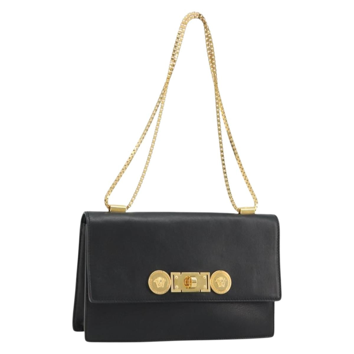 VERSACE Chain Shoulder Bag Leather Black Gold Auth BA13207