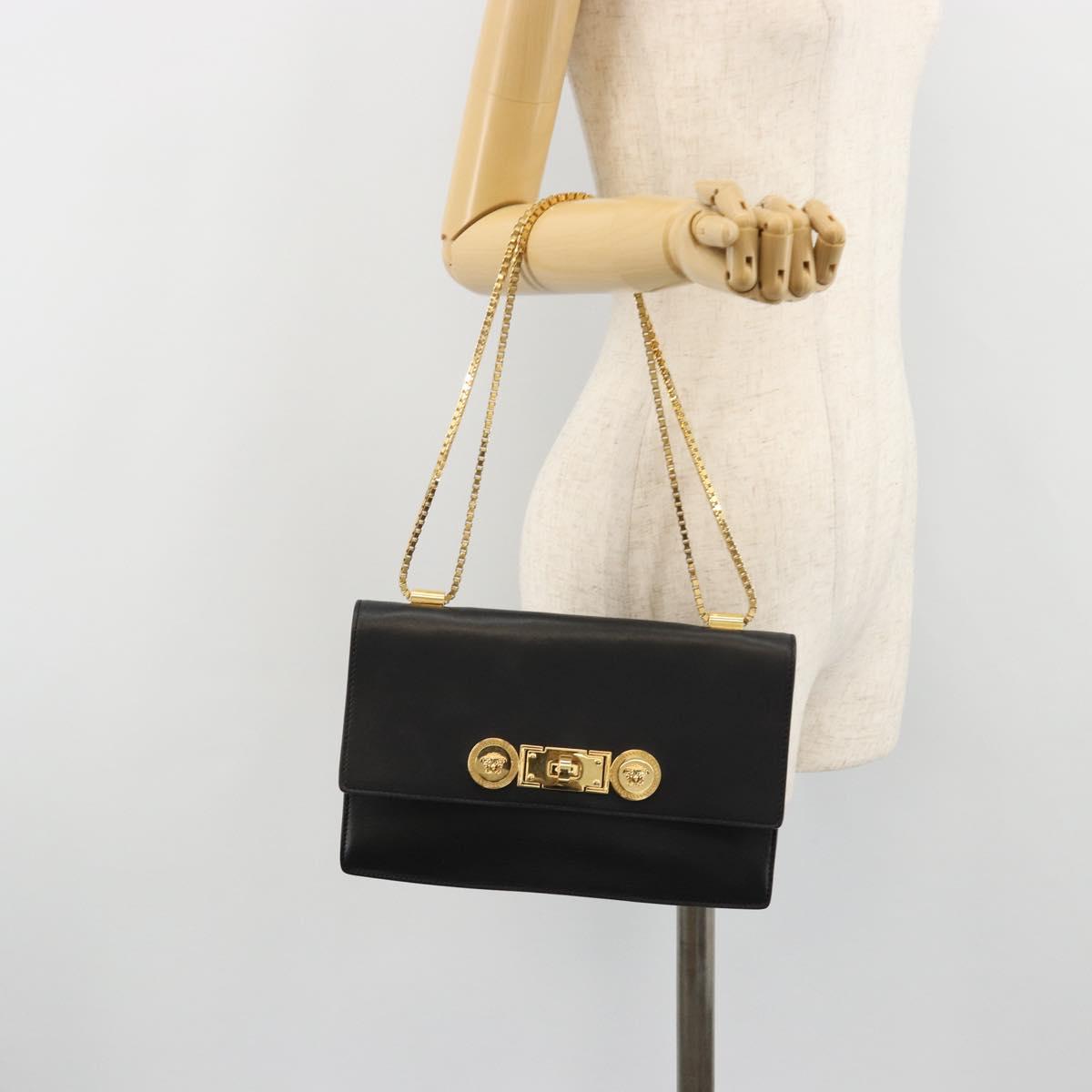 VERSACE Chain Shoulder Bag Leather Black Gold Auth BA13207
